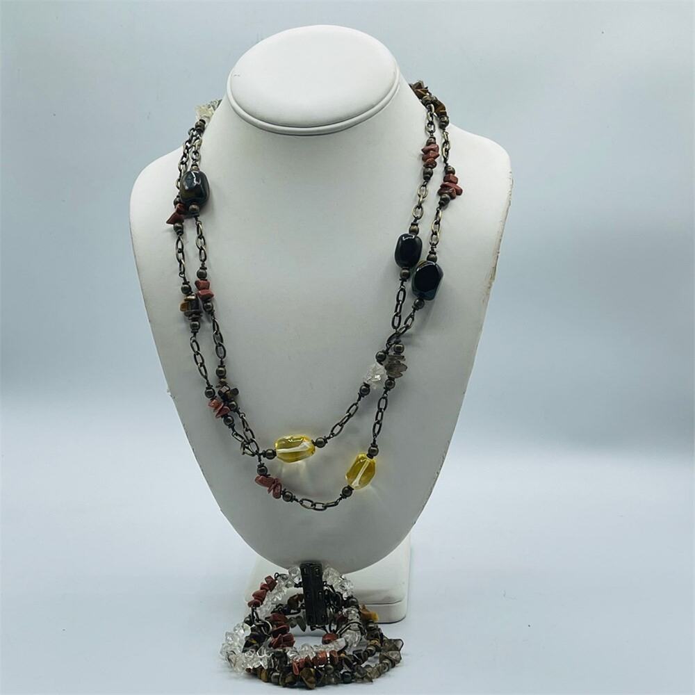 Glass Beaded Semi Precious Stationed Link Necklace Bracelet Set in Box 20"